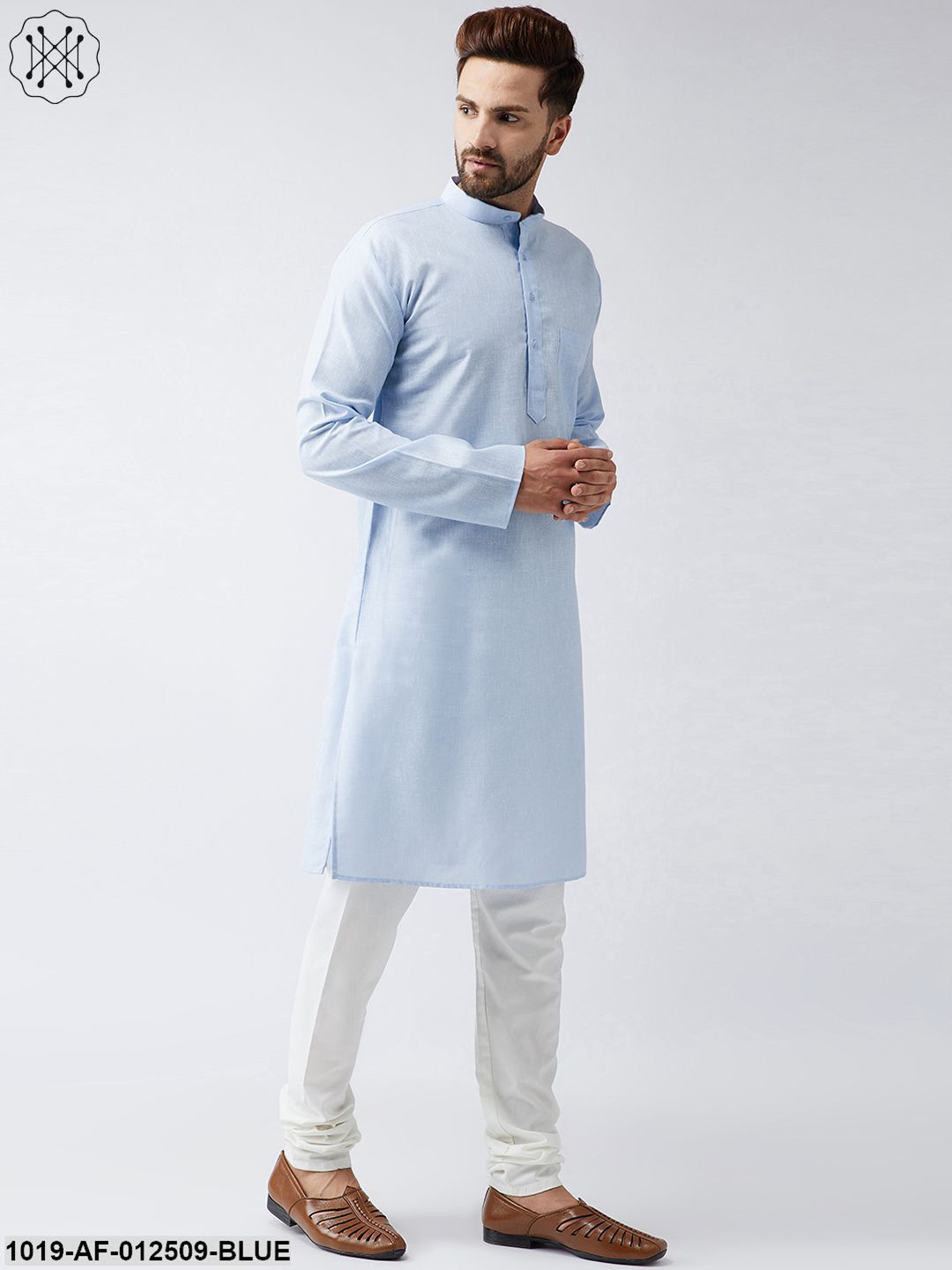 Men's Cotton Linen Sky Blue Kurta And Off White Churidar Pyjama Set - Sojanya