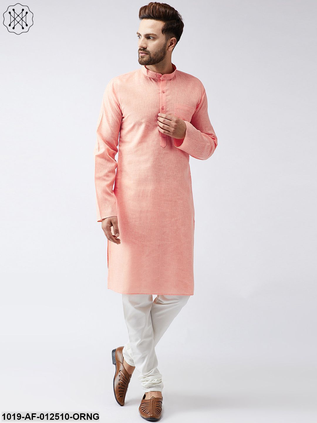 Men's Cotton Linen Orange Kurta And Off White Churidar Pyjama Set - Sojanya
