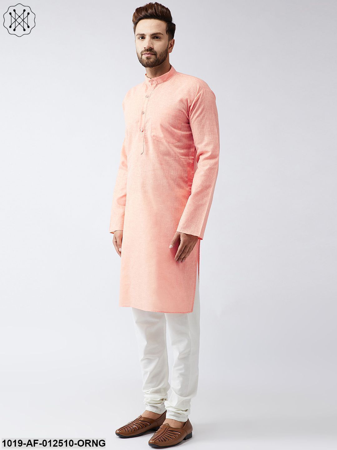 Men's Cotton Linen Orange Kurta And Off White Churidar Pyjama Set - Sojanya