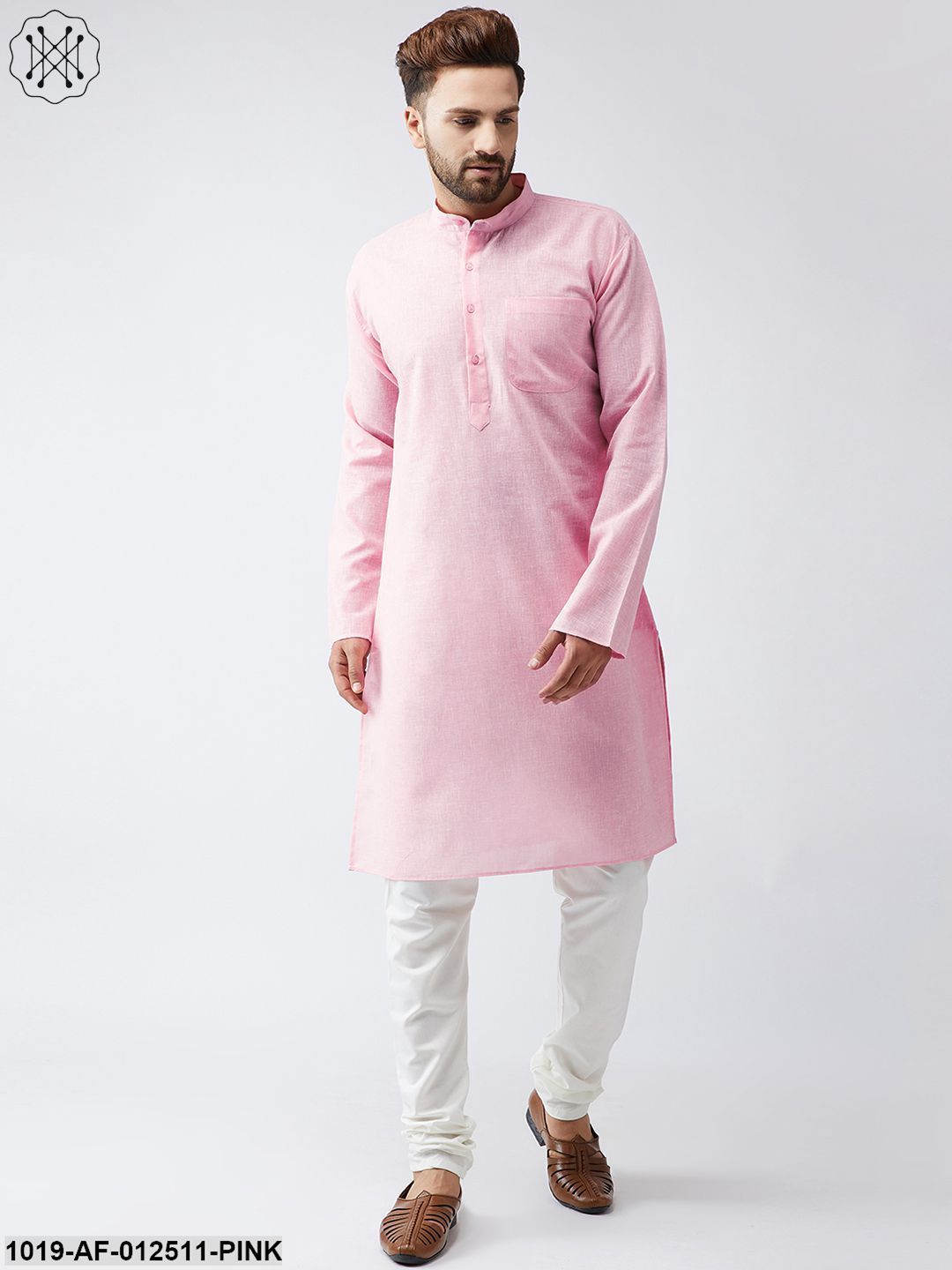 Men's Cotton Linen Pink Kurta And Off White Churidar Pyjama Set - Sojanya