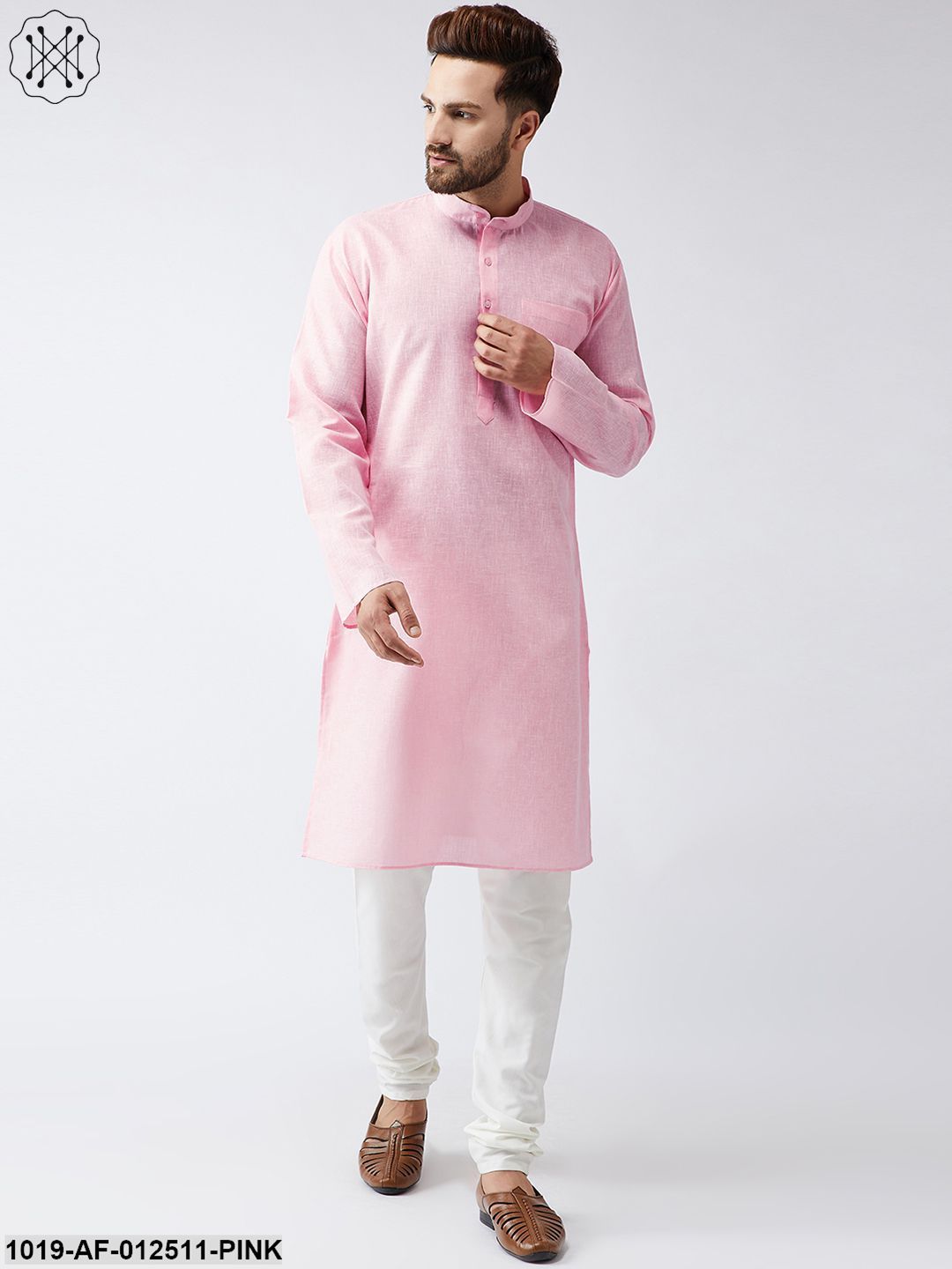 Men's Cotton Linen Pink Kurta And Off White Churidar Pyjama Set - Sojanya