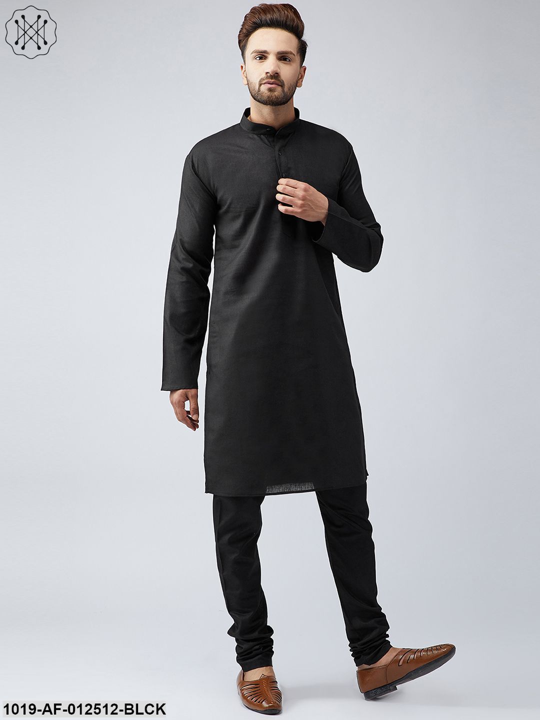 Men's Cotton Linen Black Kurta And Off White Churidar Pyjama Set - Sojanya