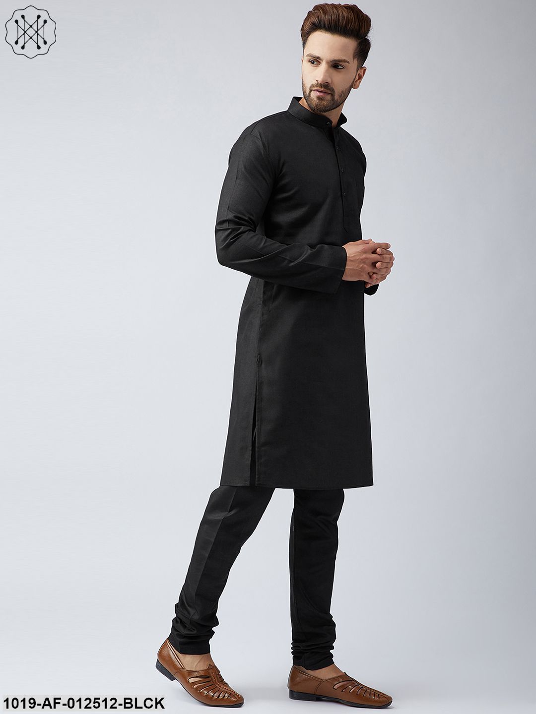 Men's Cotton Linen Black Kurta And Off White Churidar Pyjama Set - Sojanya