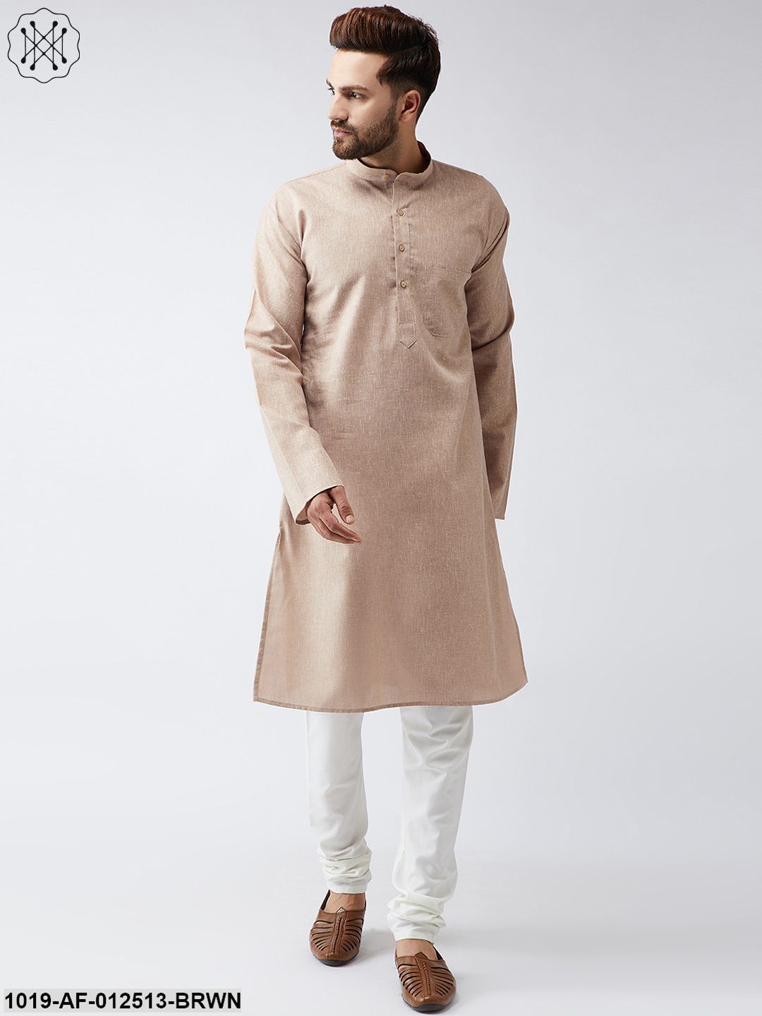 Men's Cotton Linen Light Brown Kurta And Off White Churidar Pyjama Set - Sojanya