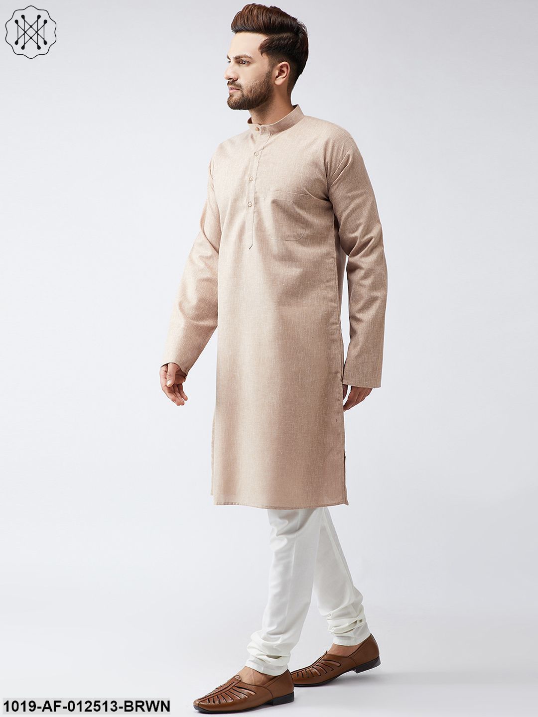 Men's Cotton Linen Light Brown Kurta And Off White Churidar Pyjama Set - Sojanya