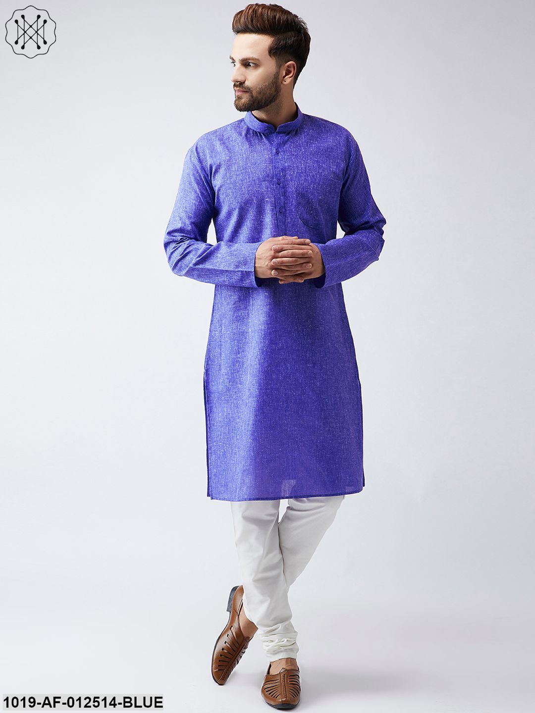 Men's Cotton Linen Indigo Blue Kurta And Off White Churidar Pyjama Set - Sojanya