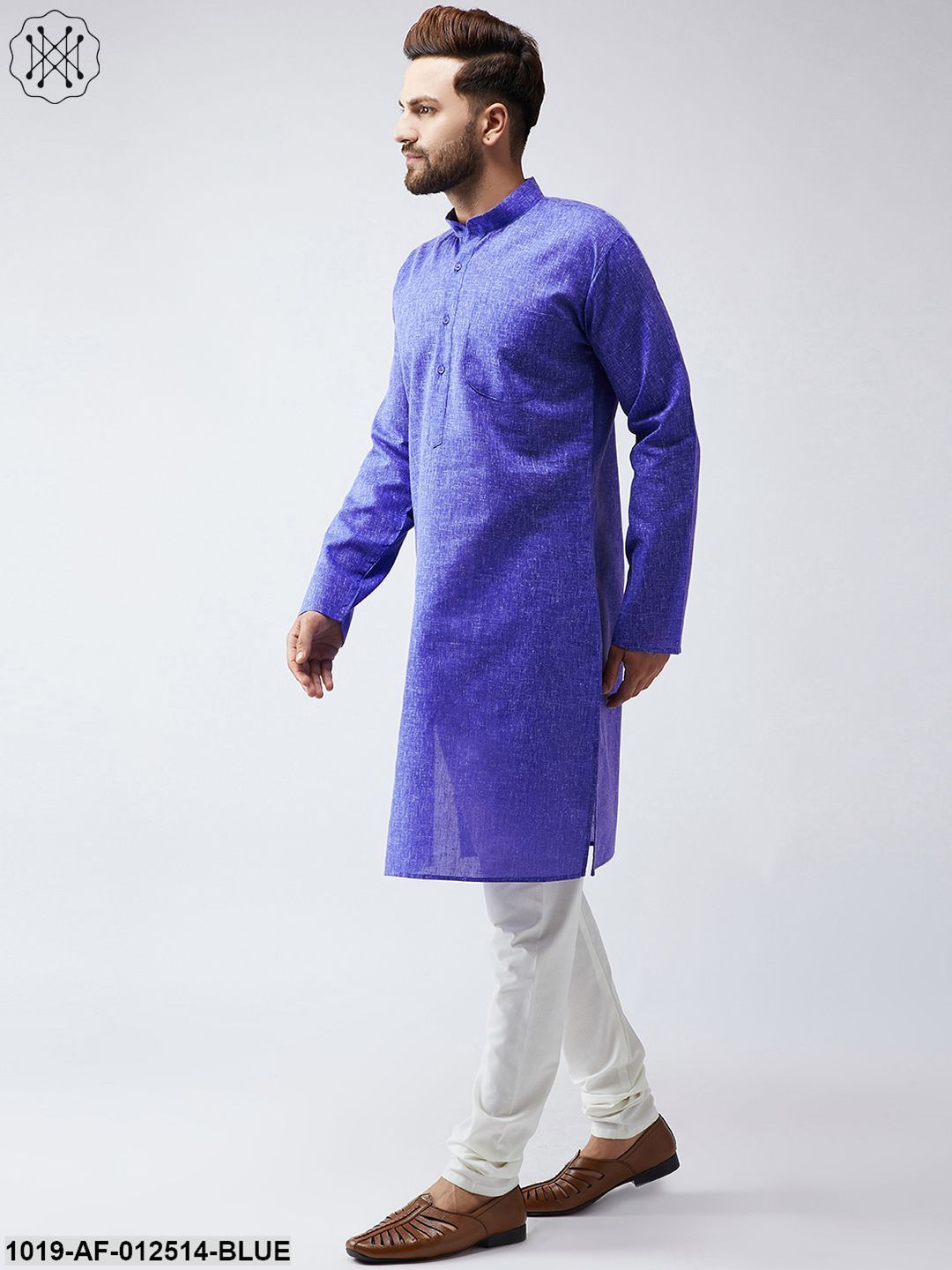 Men's Cotton Linen Indigo Blue Kurta And Off White Churidar Pyjama Set - Sojanya
