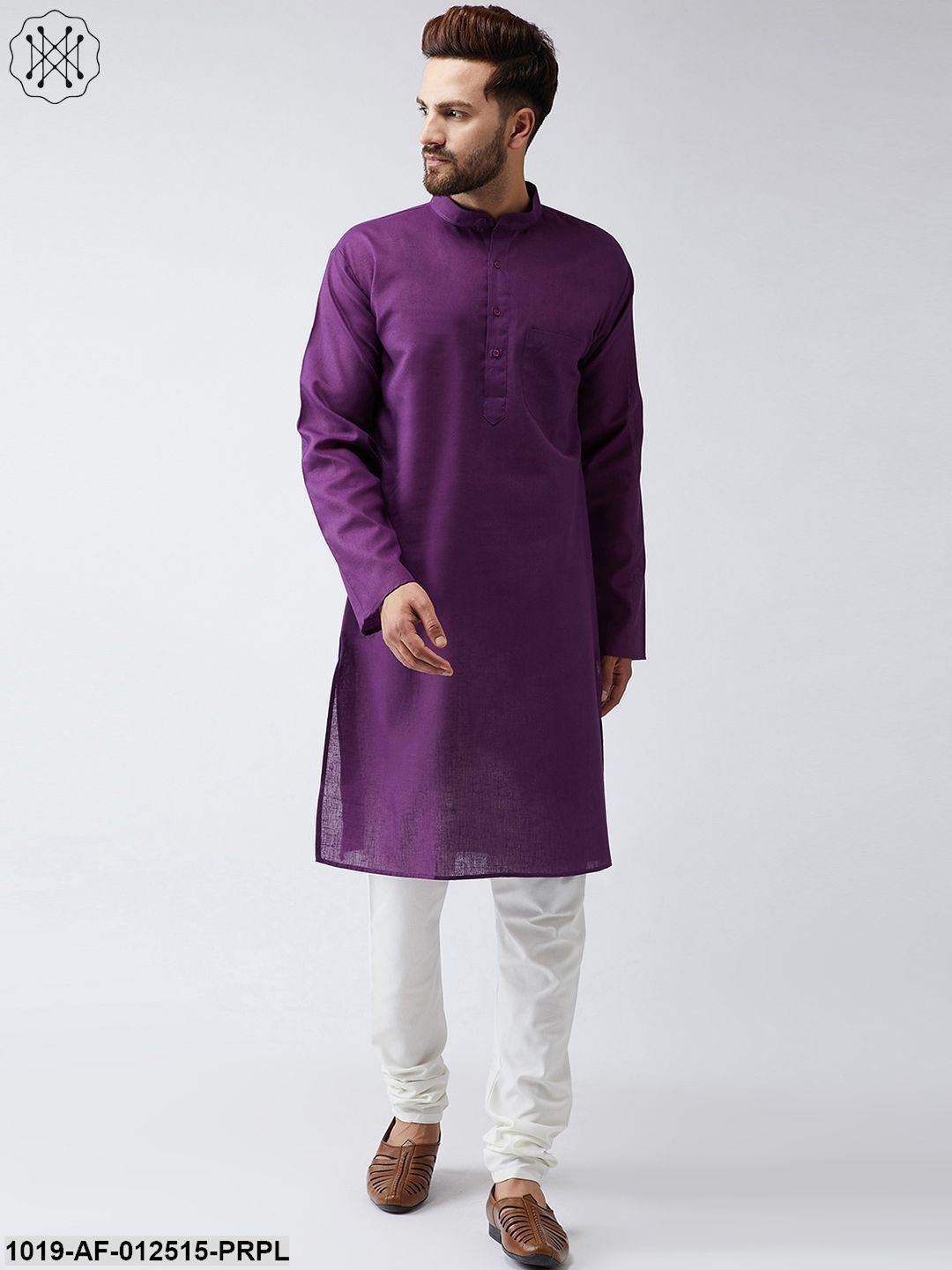 Men's Cotton Linen Purple Kurta And Off White Churidar Pyjama Set - Sojanya