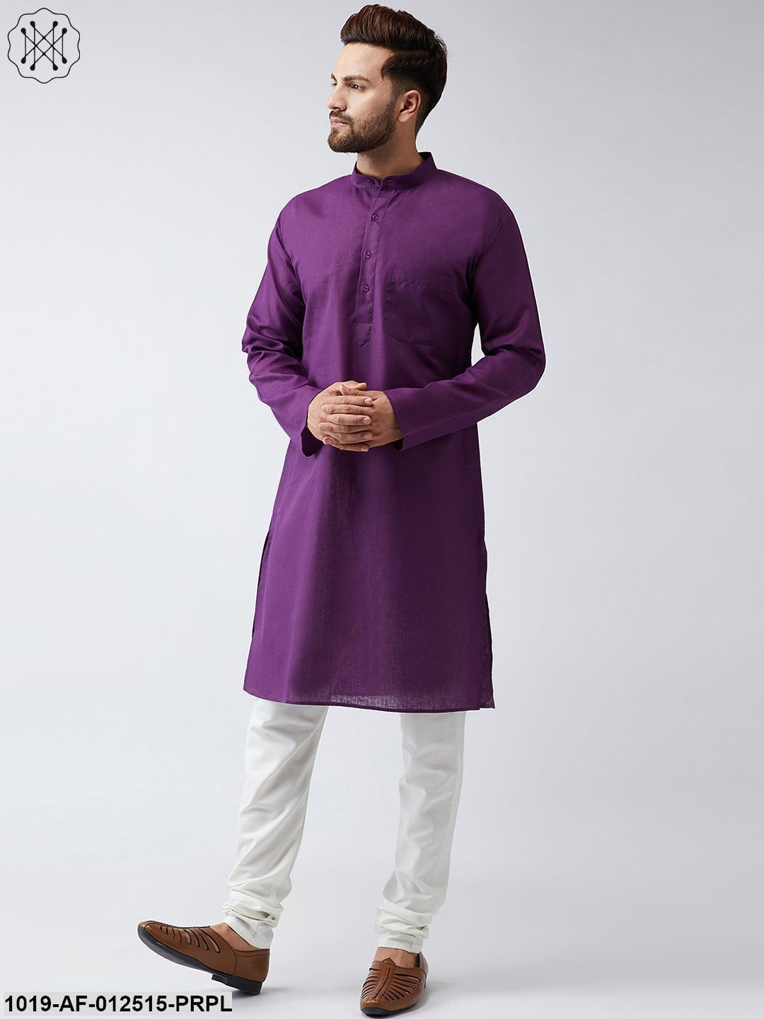 Men's Cotton Linen Purple Kurta And Off White Churidar Pyjama Set - Sojanya