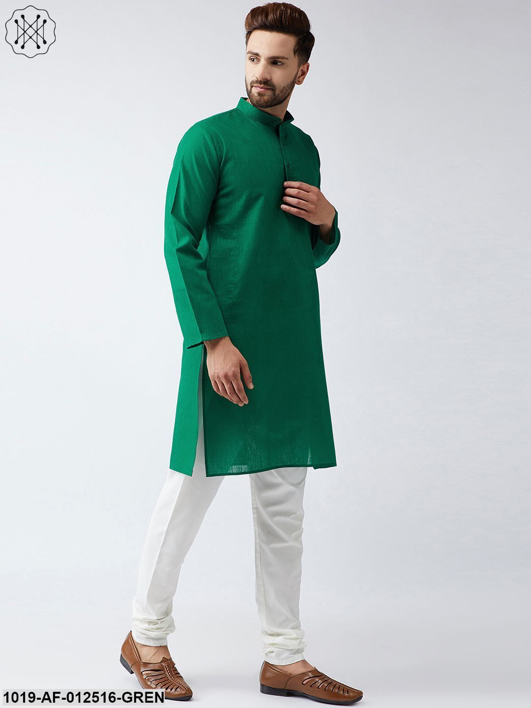 Men's Cotton Linen Dark Green Kurta And Off White Churidar Pyjama Set - Sojanya
