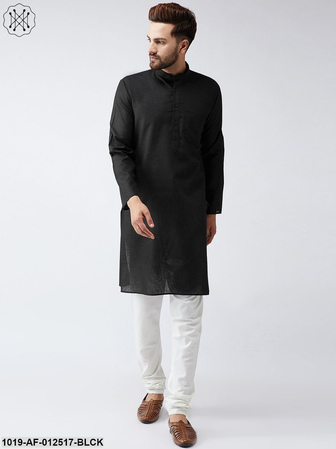 Men's Cotton Linen Black Kurta Churidar Pyjama Set - Sojanya