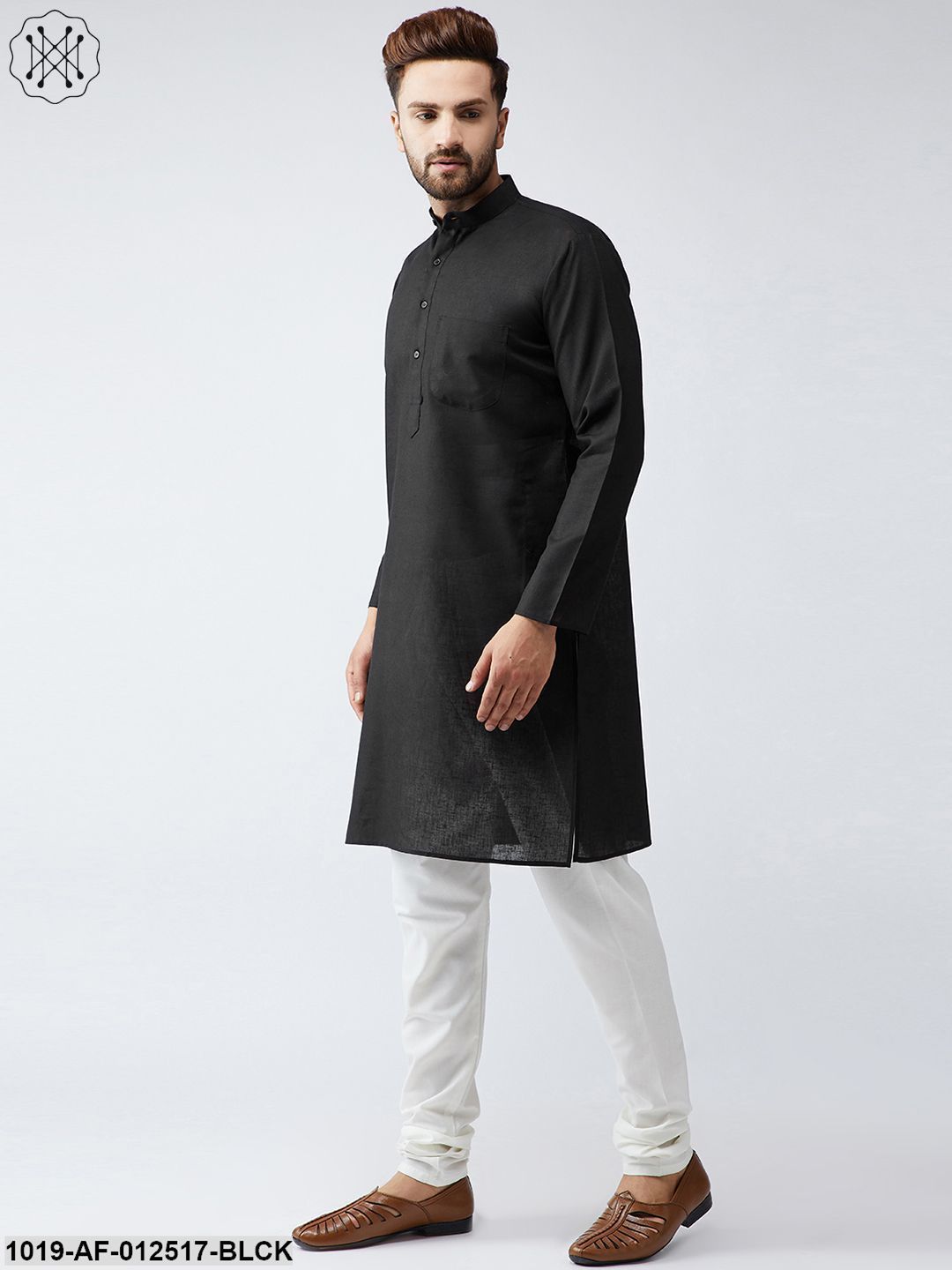 Men's Cotton Linen Black Kurta Churidar Pyjama Set - Sojanya