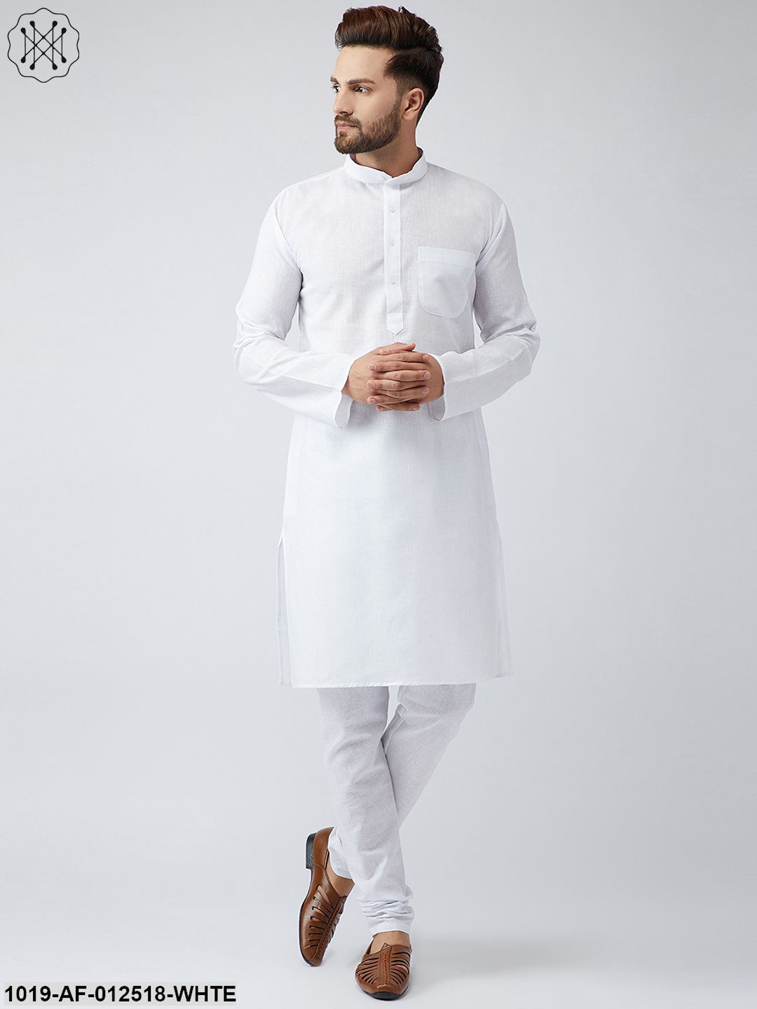 Men's Cotton Linen White Kurta Churidar Pyjama Set - Sojanya