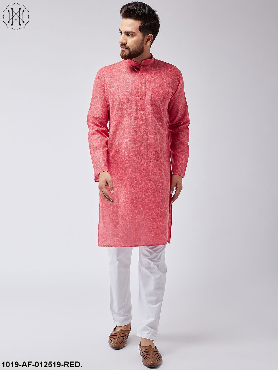 Men's Cotton Linen Red Kurta & White Pyjama Set - Sojanya