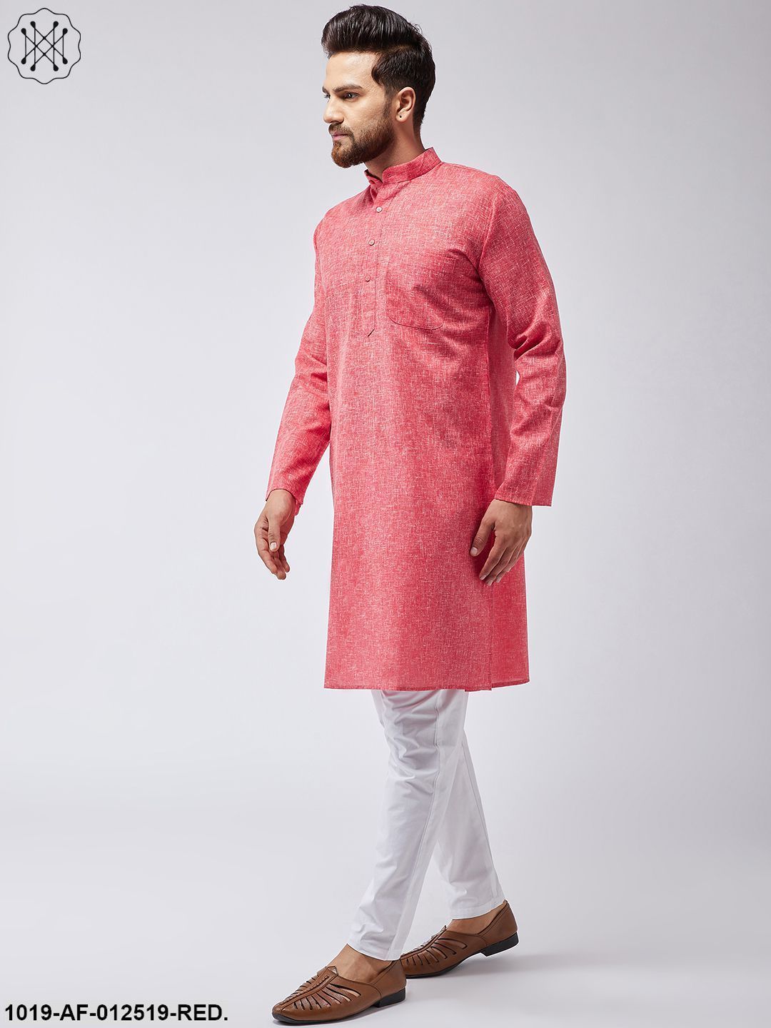 Men's Cotton Linen Red Kurta & White Pyjama Set - Sojanya