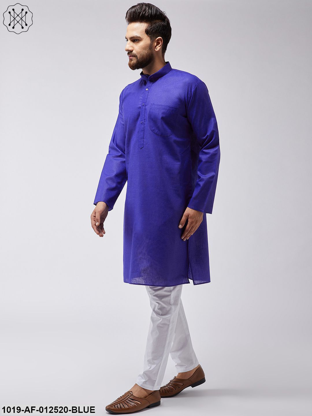 Men's Cotton Linen Royal Blue Kurta & White Pyjama Set - Sojanya