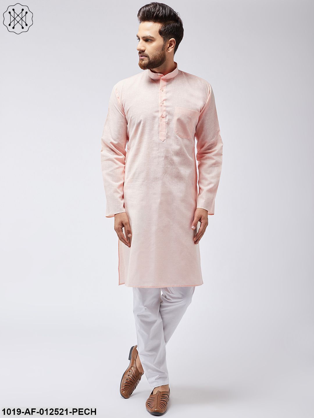 Men's Cotton Linen Peach Kurta & White Pyjama Set - Sojanya