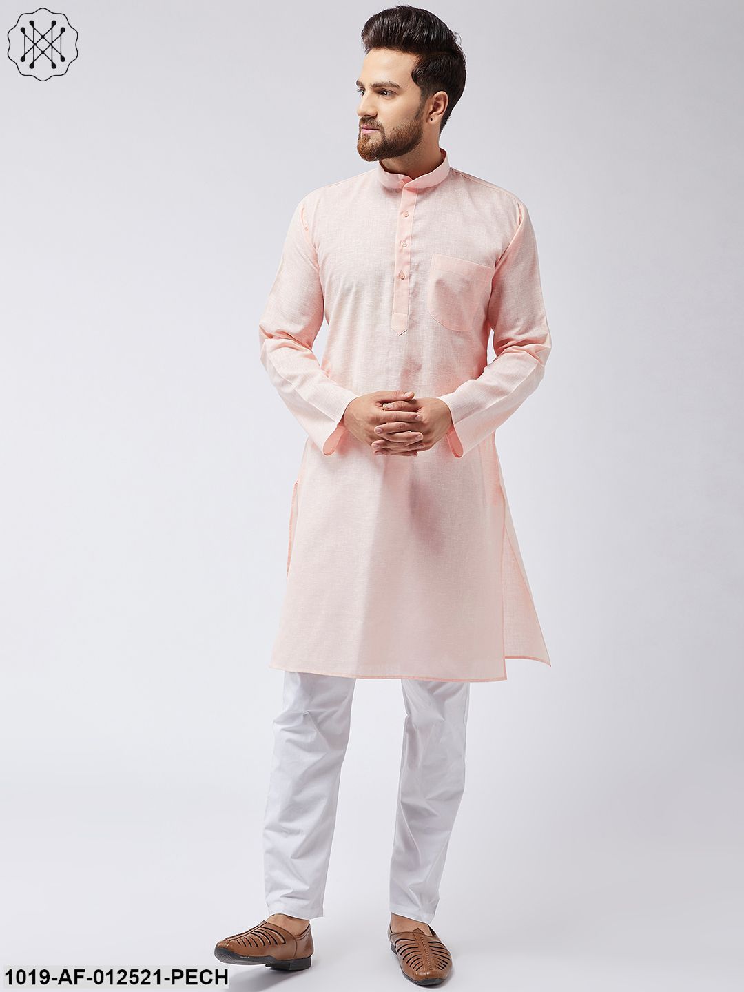 Men's Cotton Linen Peach Kurta & White Pyjama Set - Sojanya
