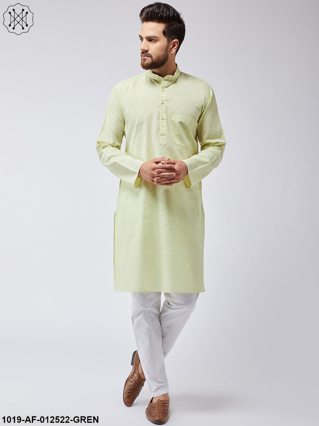 Men's Cotton Linen Lime Green Kurta & White Pyjama Set - Sojanya