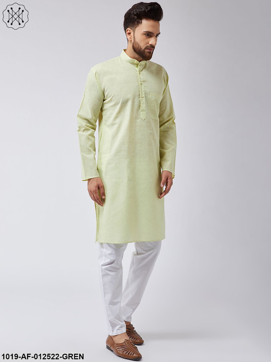Men's Cotton Linen Lime Green Kurta & White Pyjama Set - Sojanya