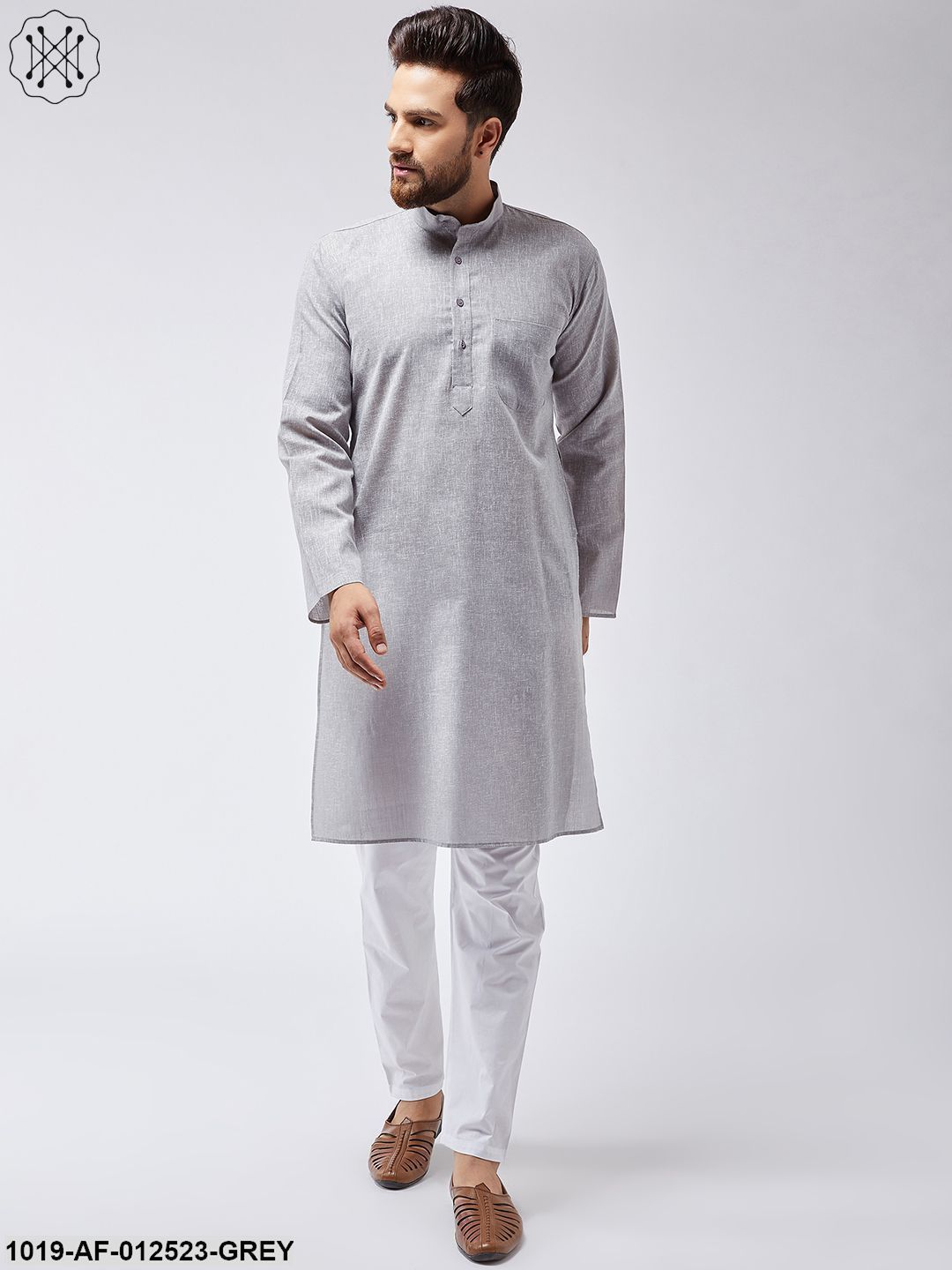 Men's Cotton Linen Grey Kurta & White Pyjama Set - Sojanya