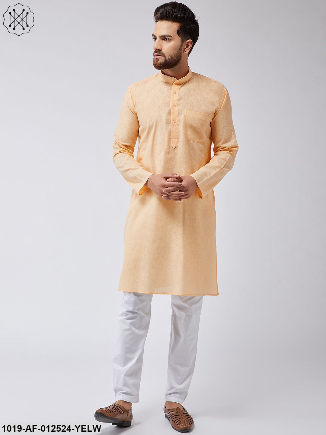 Men's Cotton Linen Yellow Kurta & White Pyjama Set - Sojanya