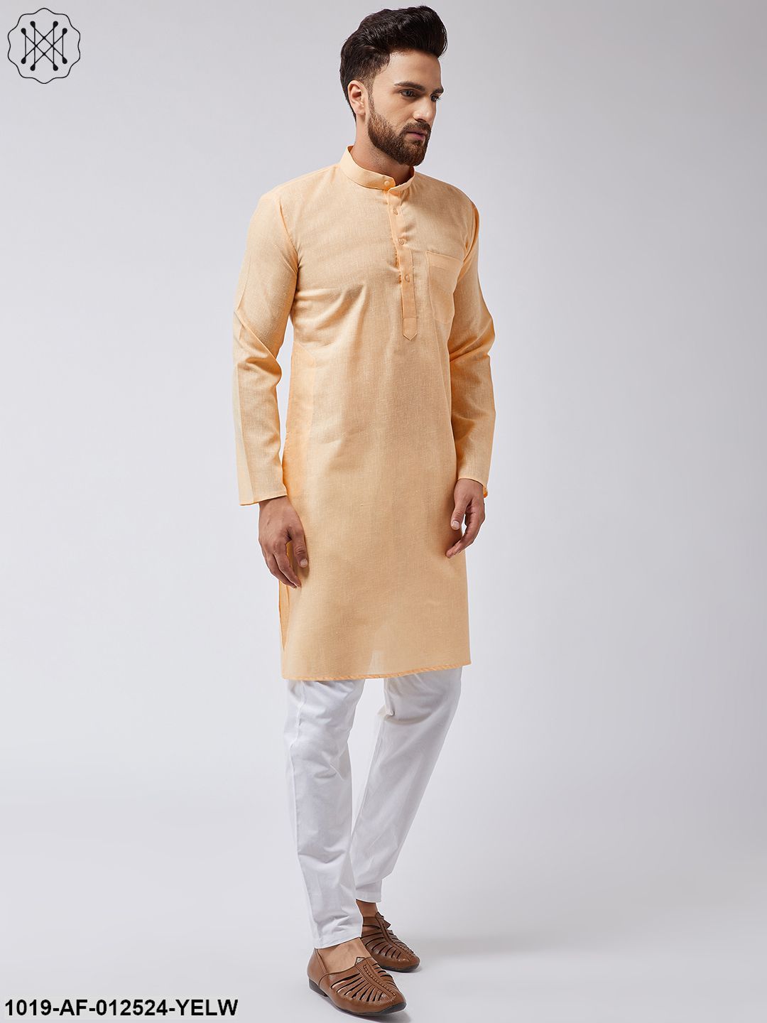 Men's Cotton Linen Yellow Kurta & White Pyjama Set - Sojanya
