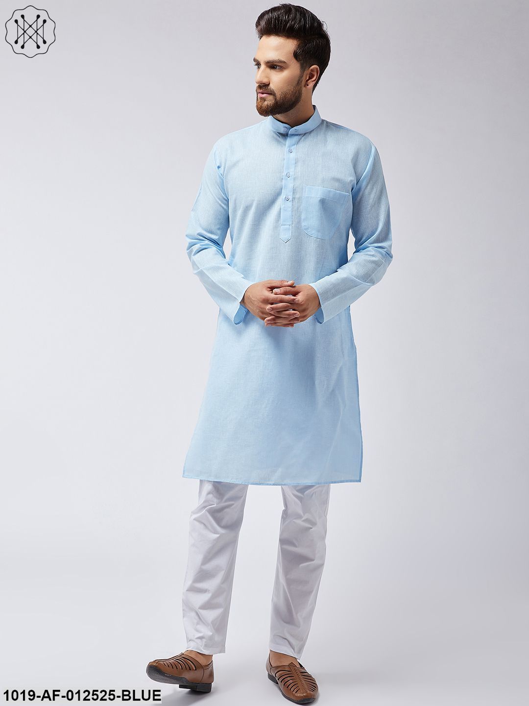 Men's Cotton Linen Sky Blue Kurta & White Pyjama Set - Sojanya