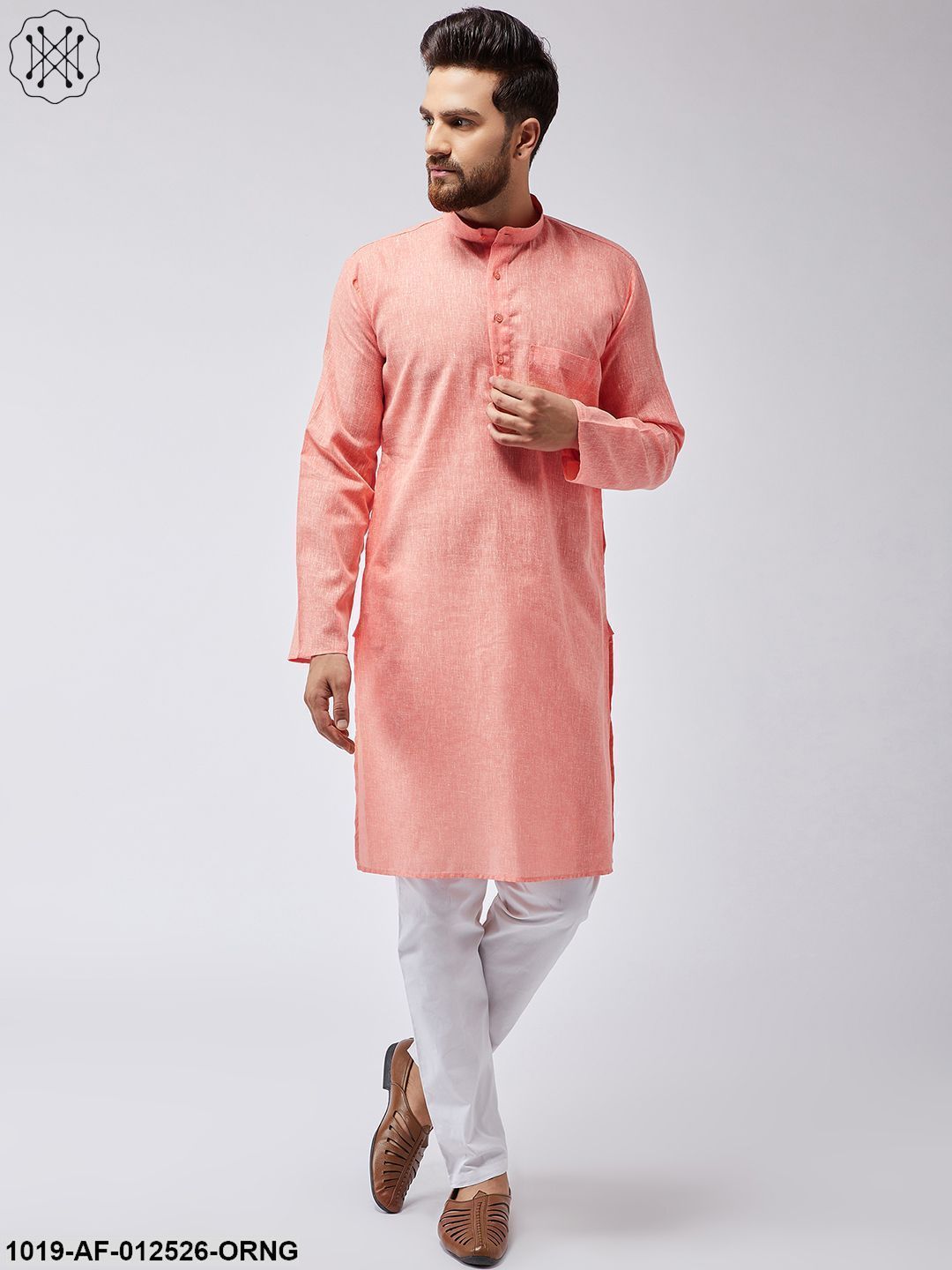 Men's Cotton Linen Orange Kurta & White Pyjama Set - Sojanya