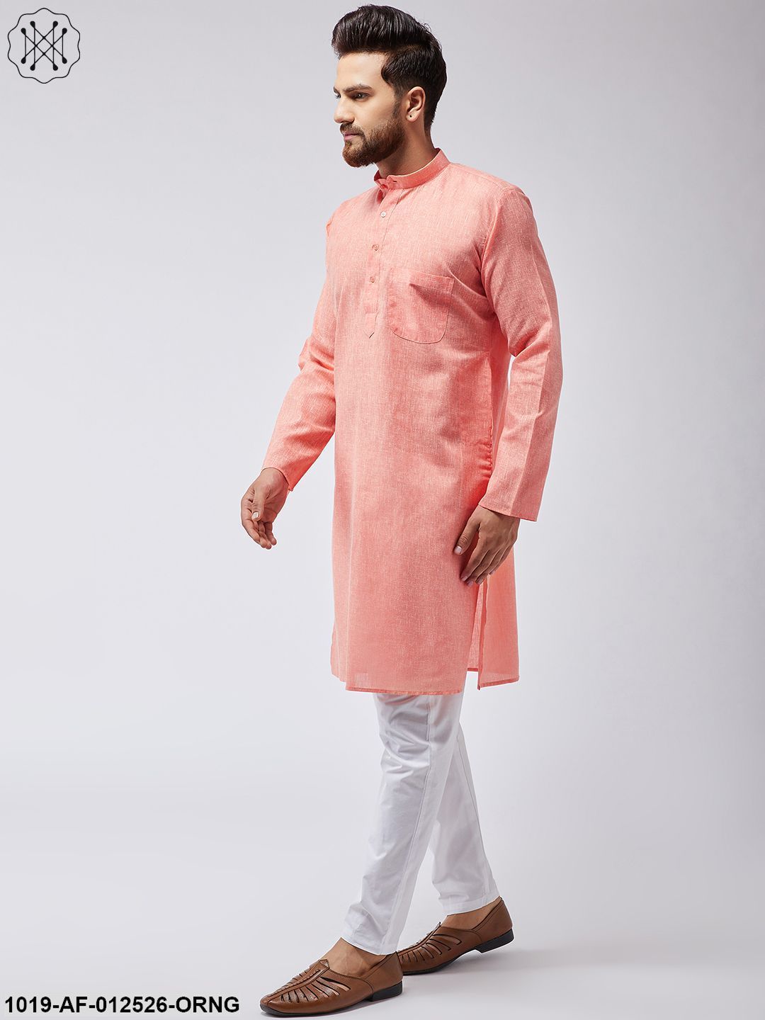 Men's Cotton Linen Orange Kurta & White Pyjama Set - Sojanya