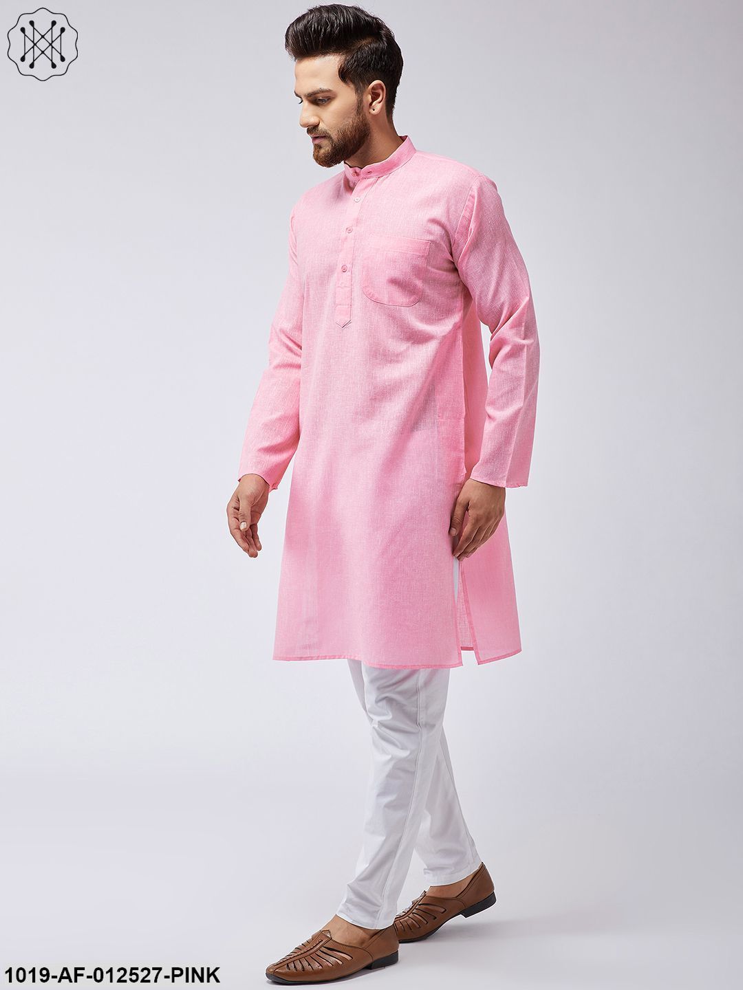 Men's Cotton Linen Pink Kurta & White Pyjama Set - Sojanya