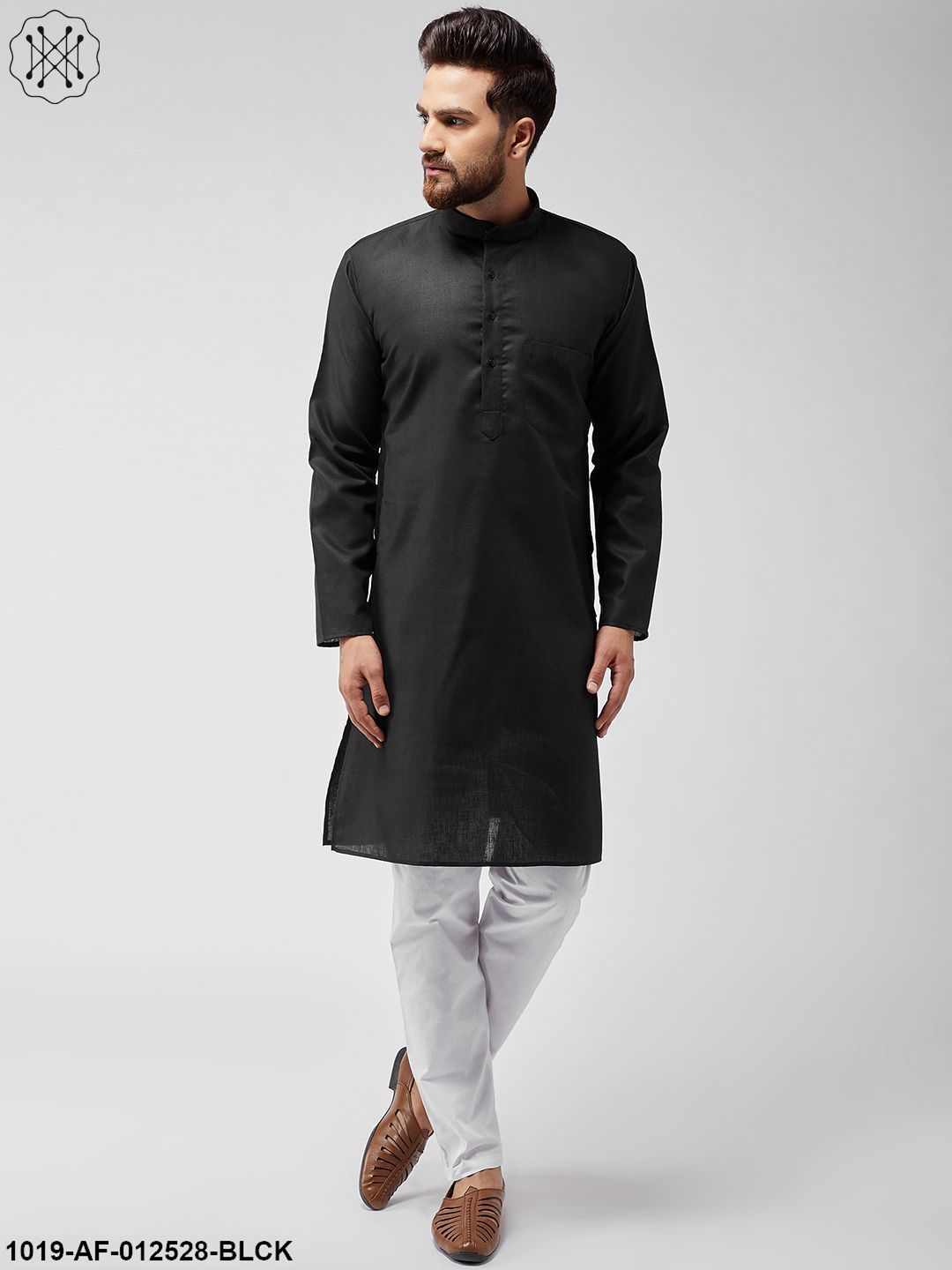 Men's Cotton Linen Black Kurta & White Pyjama Set - Sojanya