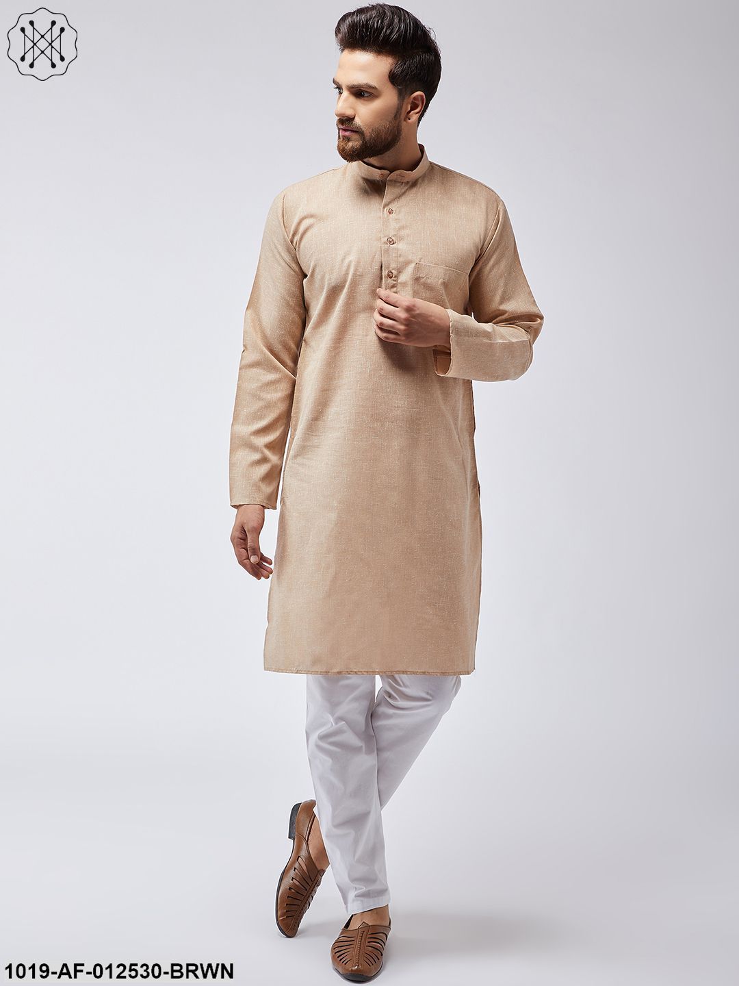 Men's Cotton Linen Light Brown Kurta & White Pyjama Set - Sojanya