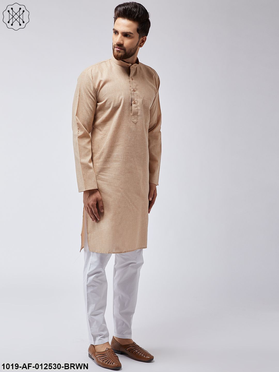Men's Cotton Linen Light Brown Kurta & White Pyjama Set - Sojanya