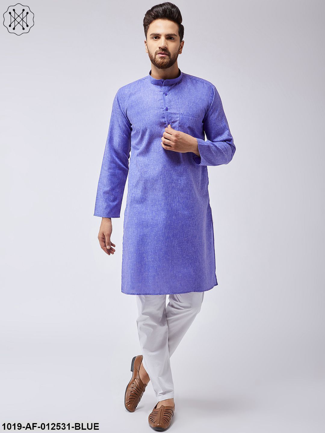 Men's Cotton Linen Indigo Blue Kurta & White Pyjama Set - Sojanya