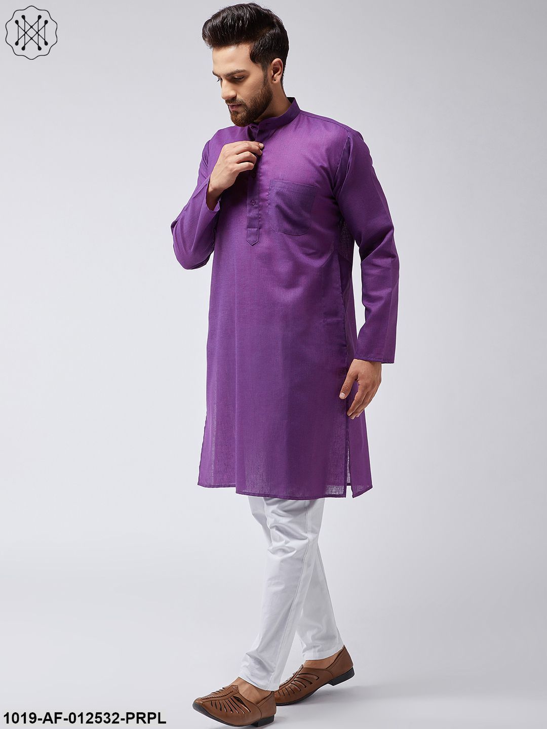 Men's Cotton Linen Purple Kurta & White Pyjama Set - Sojanya