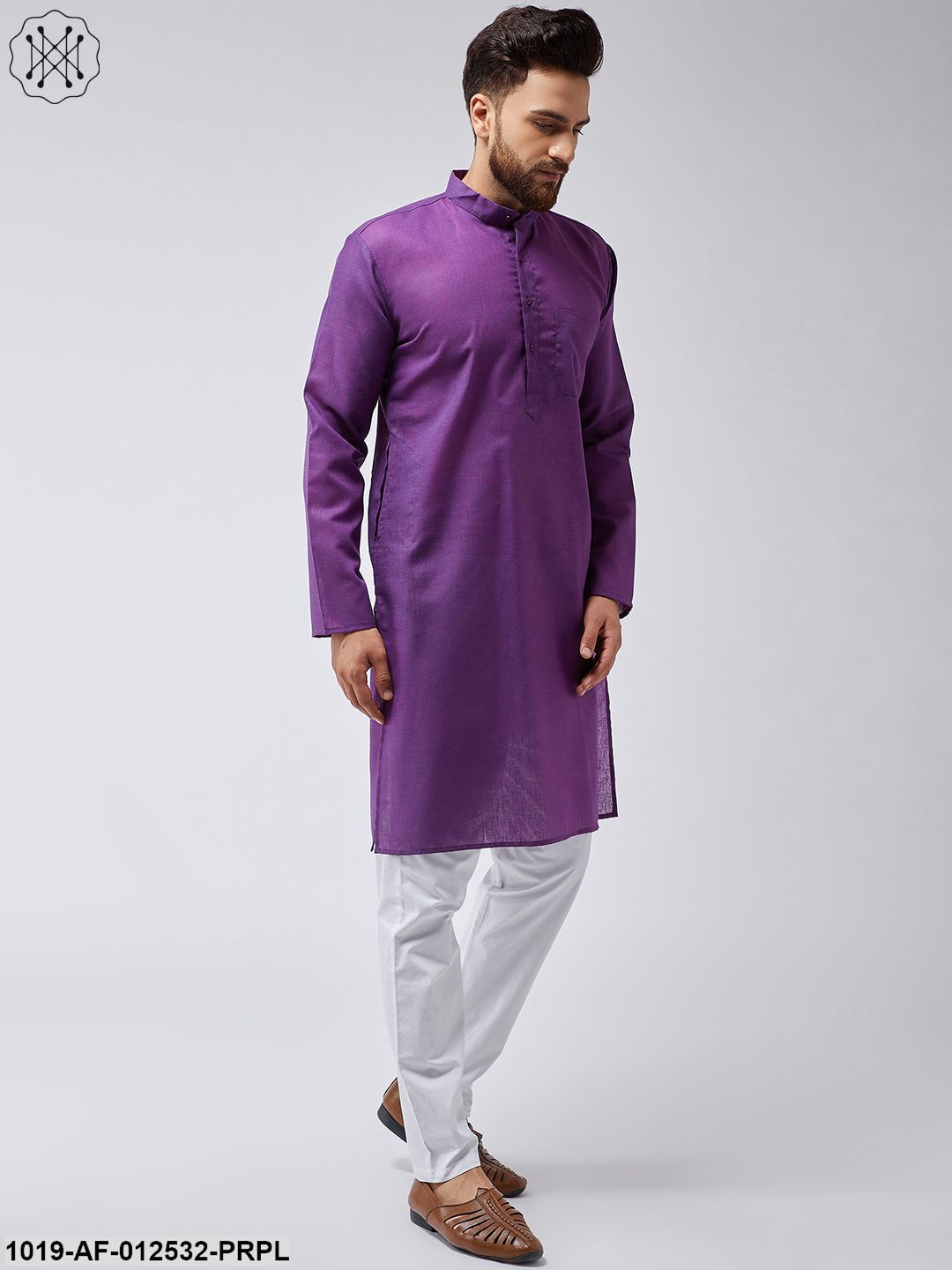 Men's Cotton Linen Purple Kurta & White Pyjama Set - Sojanya