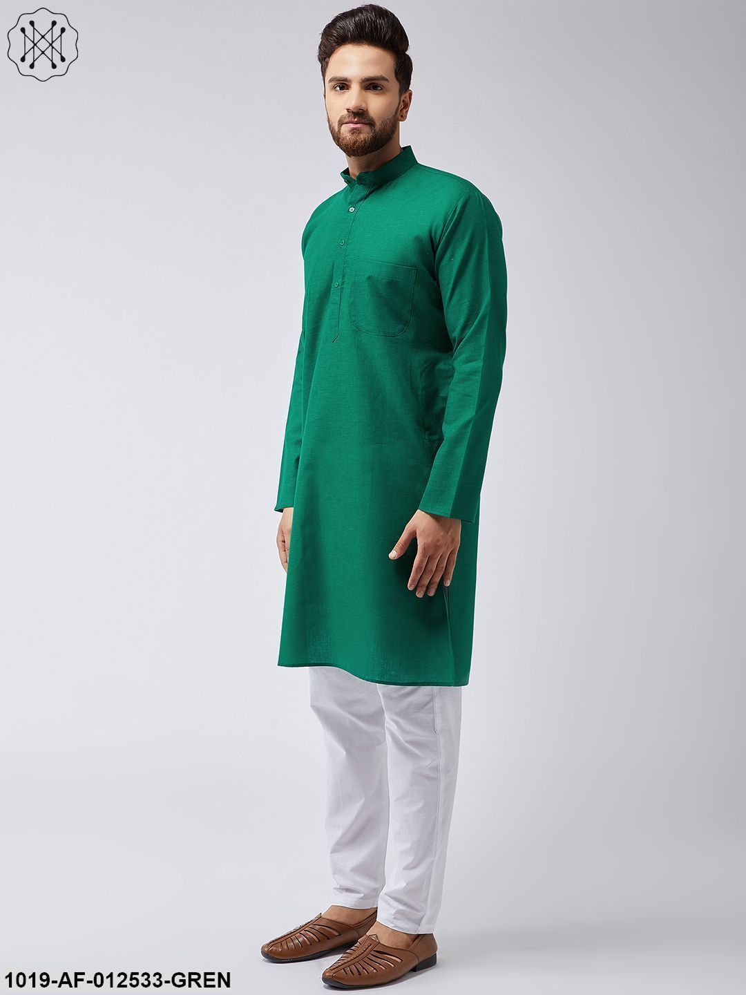Men's Cotton Linen Dark Green Kurta & White Pyjama Set - Sojanya