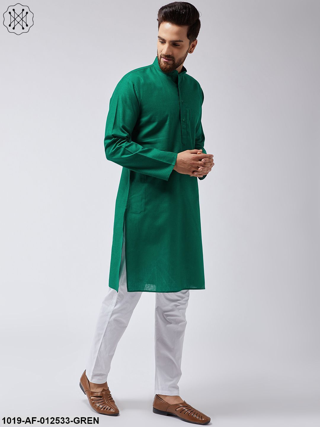 Men's Cotton Linen Dark Green Kurta & White Pyjama Set - Sojanya