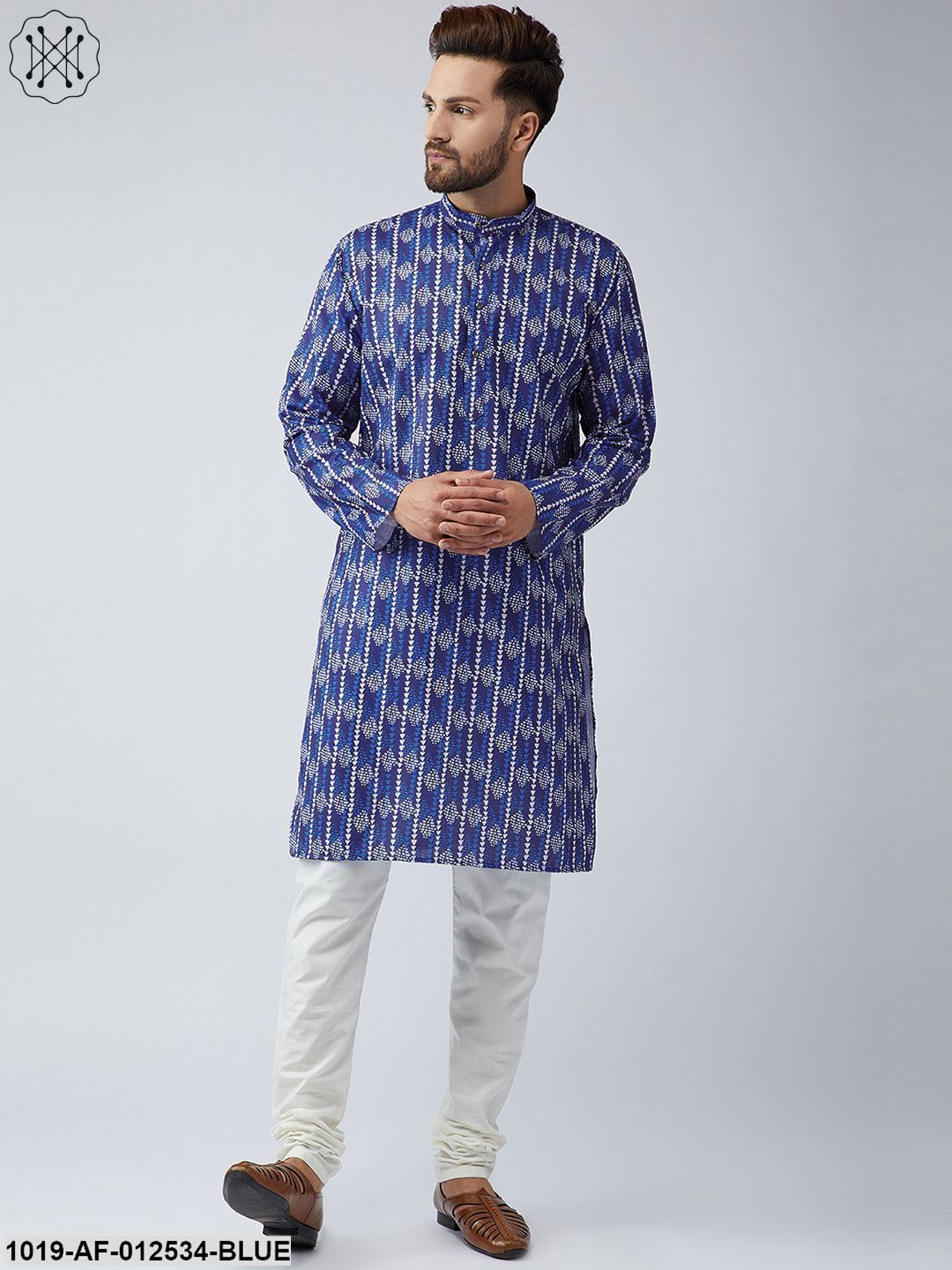 Men's Cotton Blue Kurta And Off White Churidar Pyjama Set