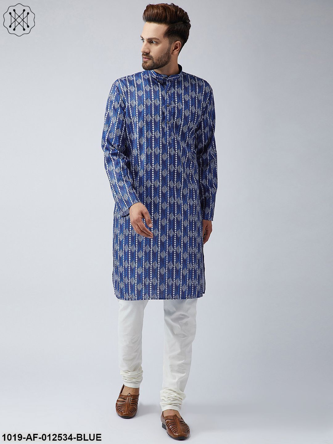 Men's Cotton Blue Kurta And Off White Churidar Pyjama Set