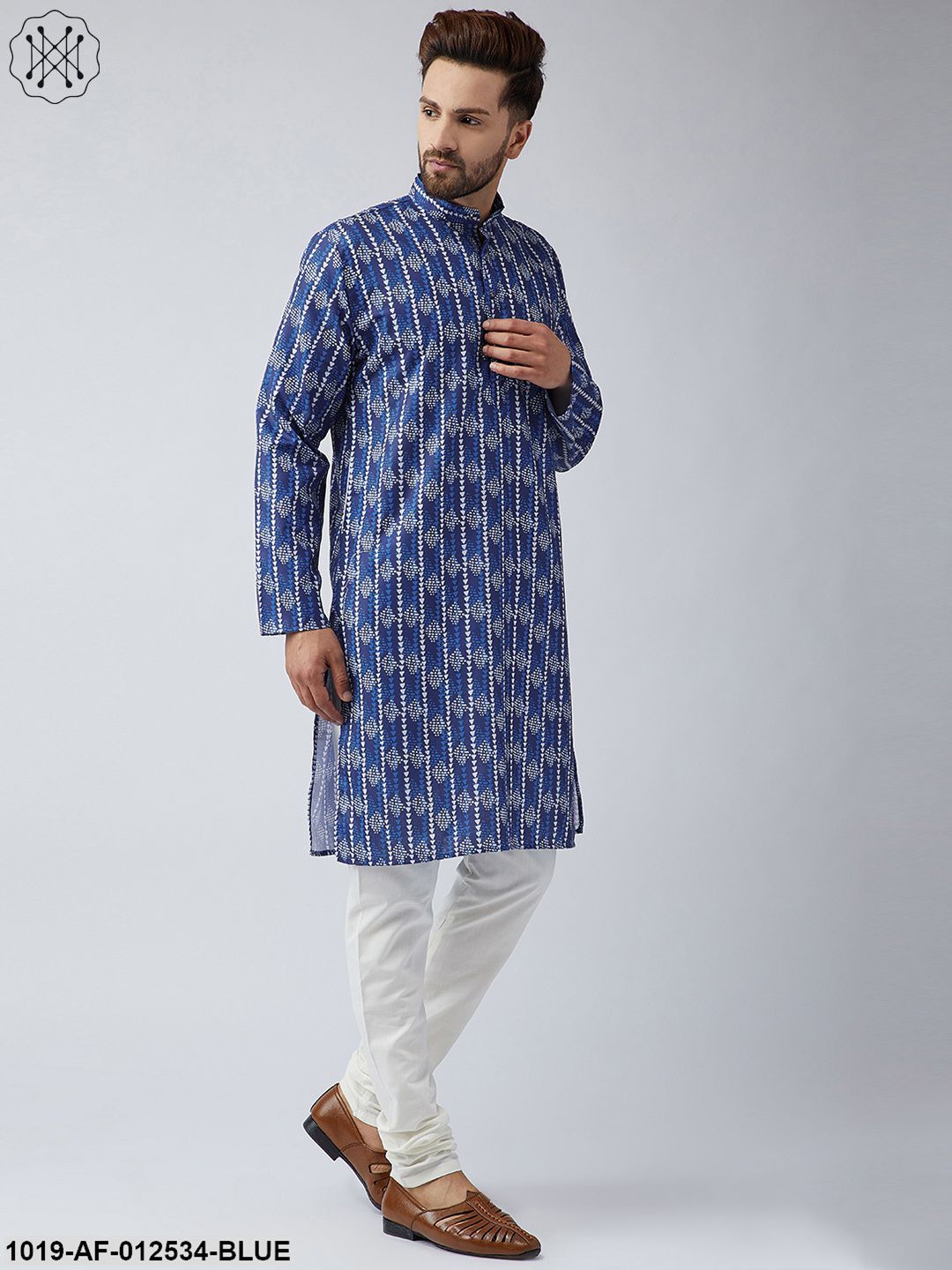 Men's Cotton Blue Kurta And Off White Churidar Pyjama Set