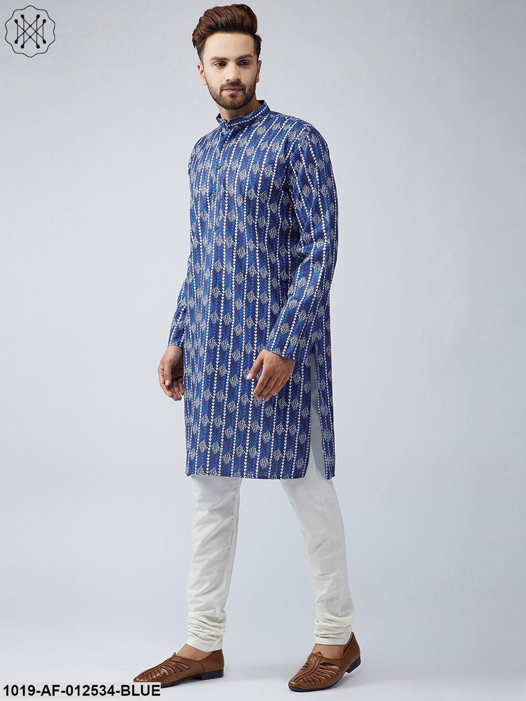 Men's Cotton Blue Kurta And Off White Churidar Pyjama Set