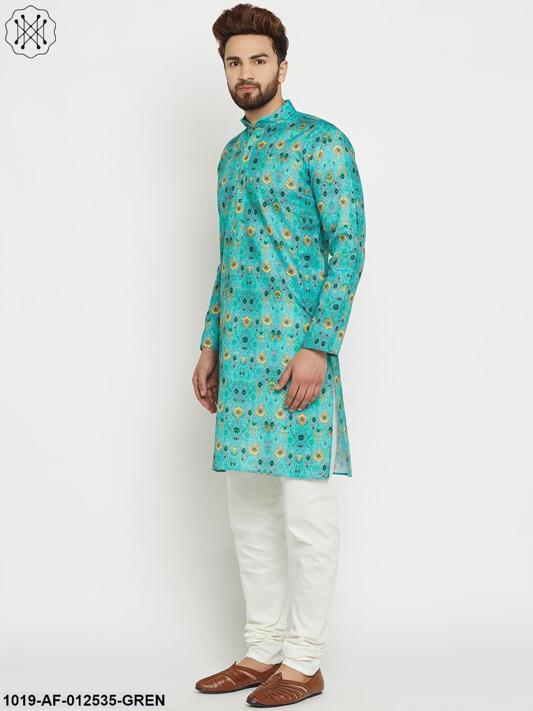 Men's Cotton Green Kurta & Off-White Churidar Pyjama Set