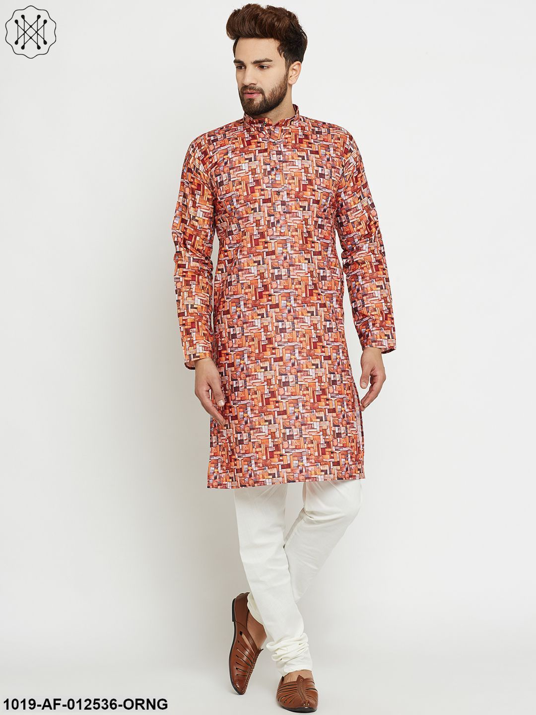 Men's Cotton Orange Kurta & Off-White Churidar Pyjama Set