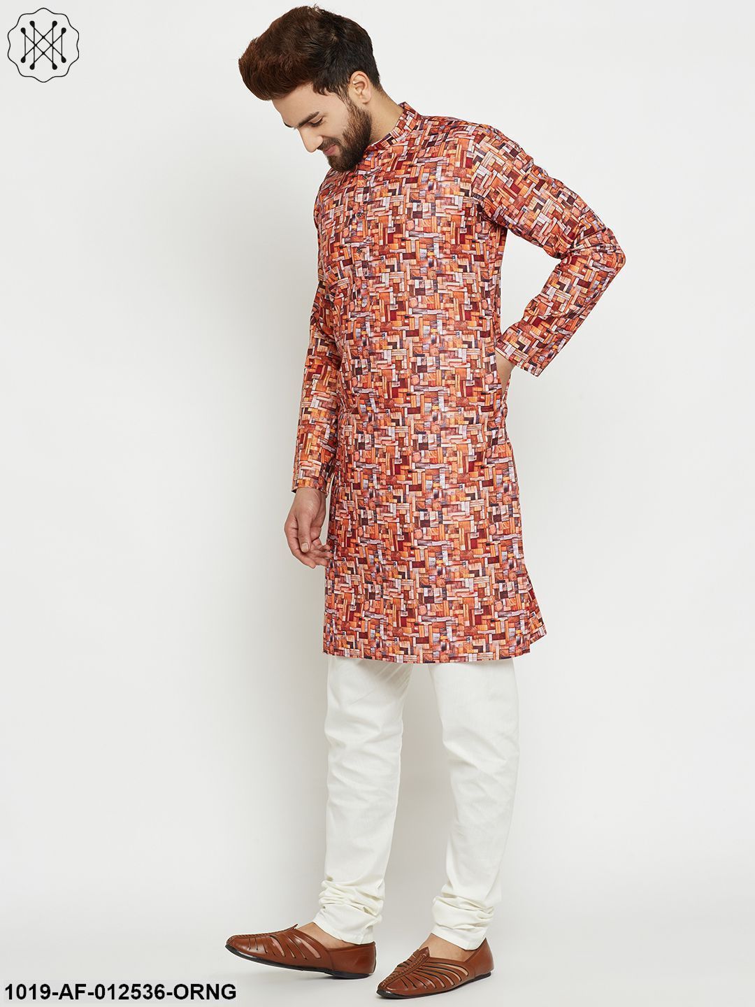 Men's Cotton Orange Kurta & Off-White Churidar Pyjama Set