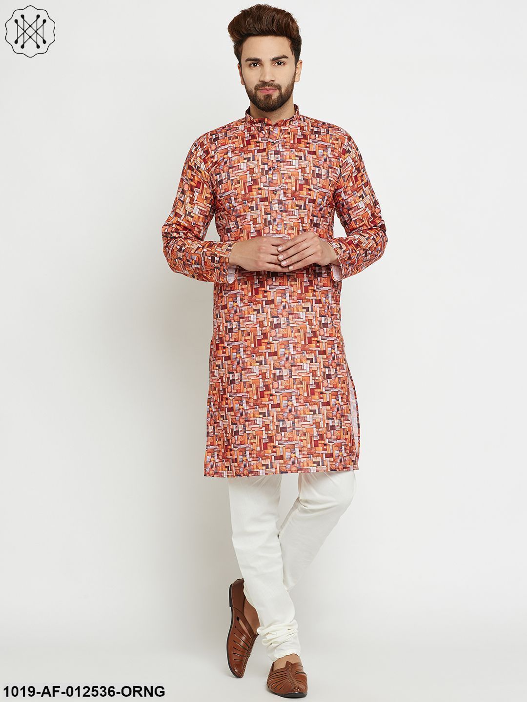Men's Cotton Orange Kurta & Off-White Churidar Pyjama Set