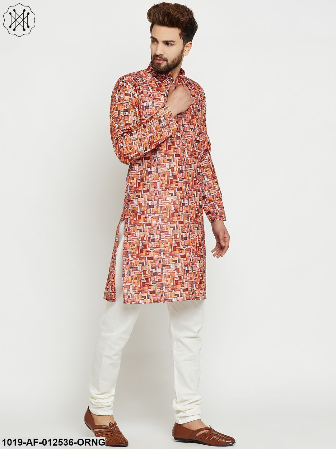 Men's Cotton Orange Kurta & Off-White Churidar Pyjama Set