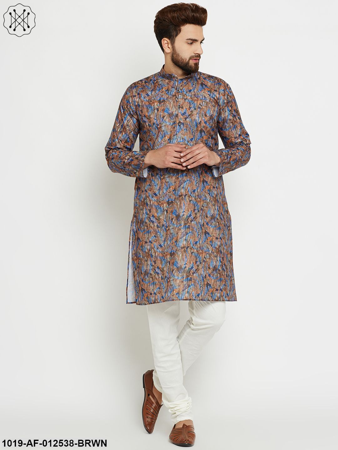 Men's Cotton Brown Kurta & Off-White Churidar Pyjama Set