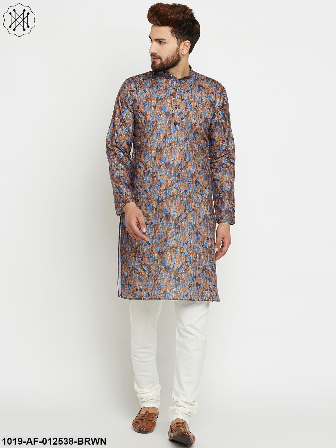 Men's Cotton Brown Kurta & Off-White Churidar Pyjama Set